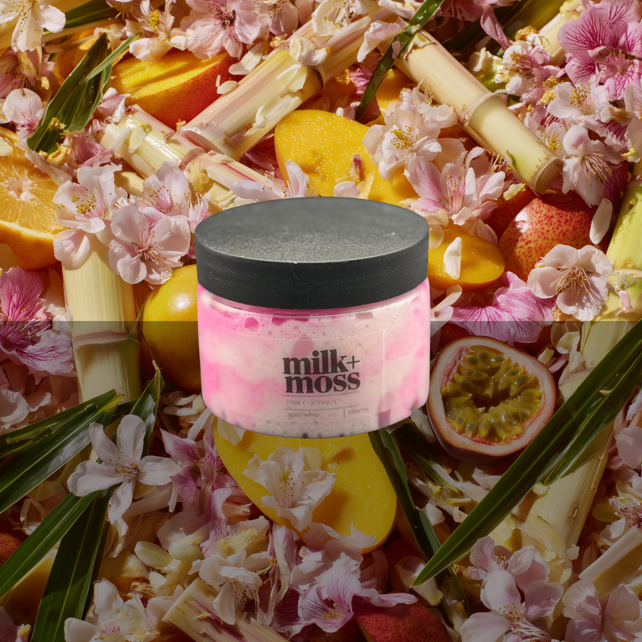 Jar of 'milk+moss' product surrounded by fruits, flowers, and bamboo on a colorful background