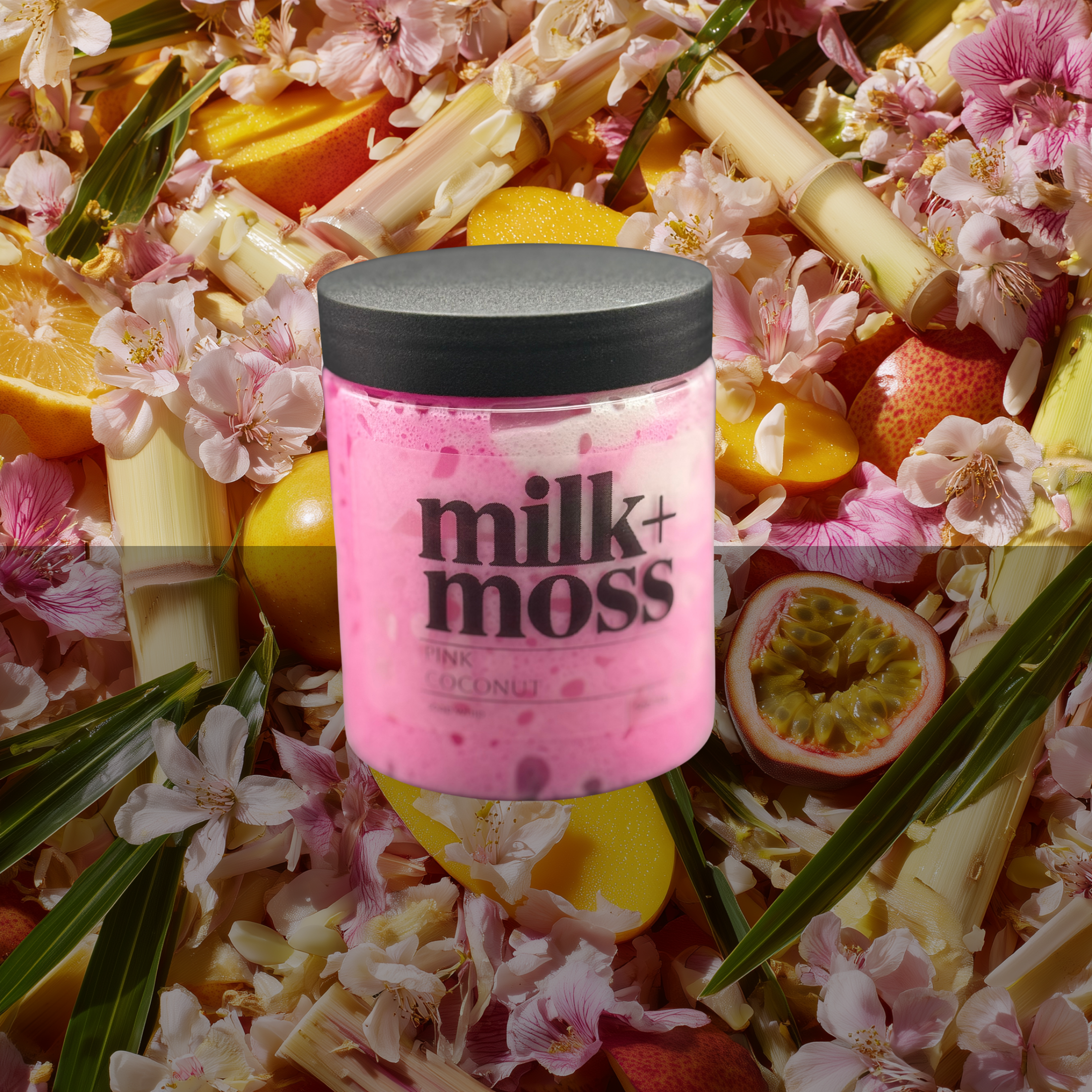 Pink jar with black lid labeled 'milk+mosss' surrounded by fruits and flowers
