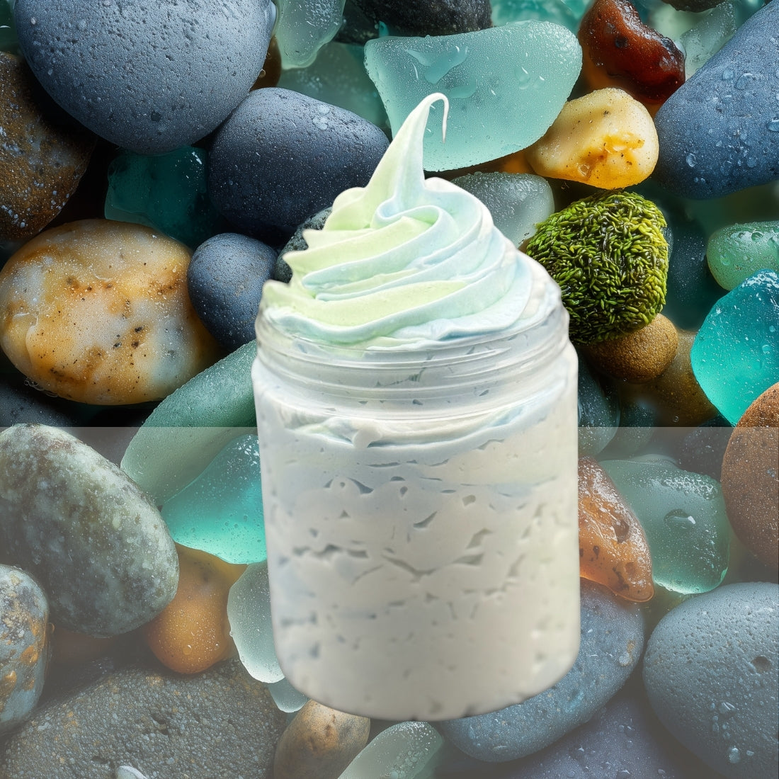 Jar of whipped soap on a bed of multicolored stones
