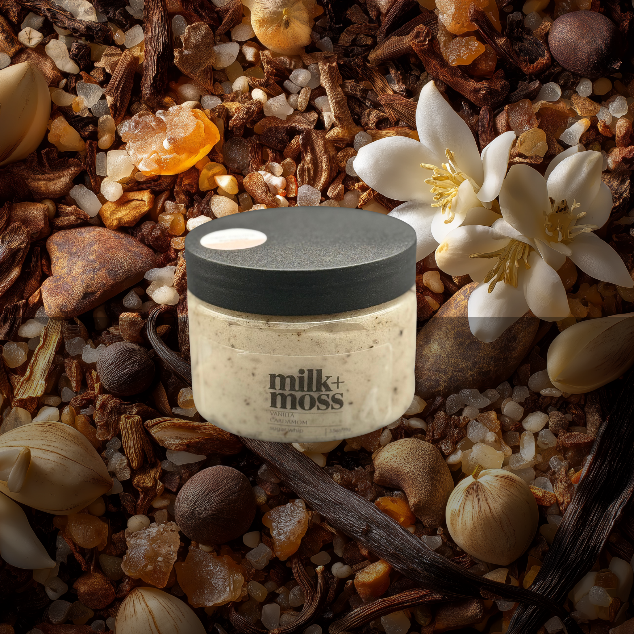 Jar of 'milk+moss' product surrounded by natural elements like flowers and stones.