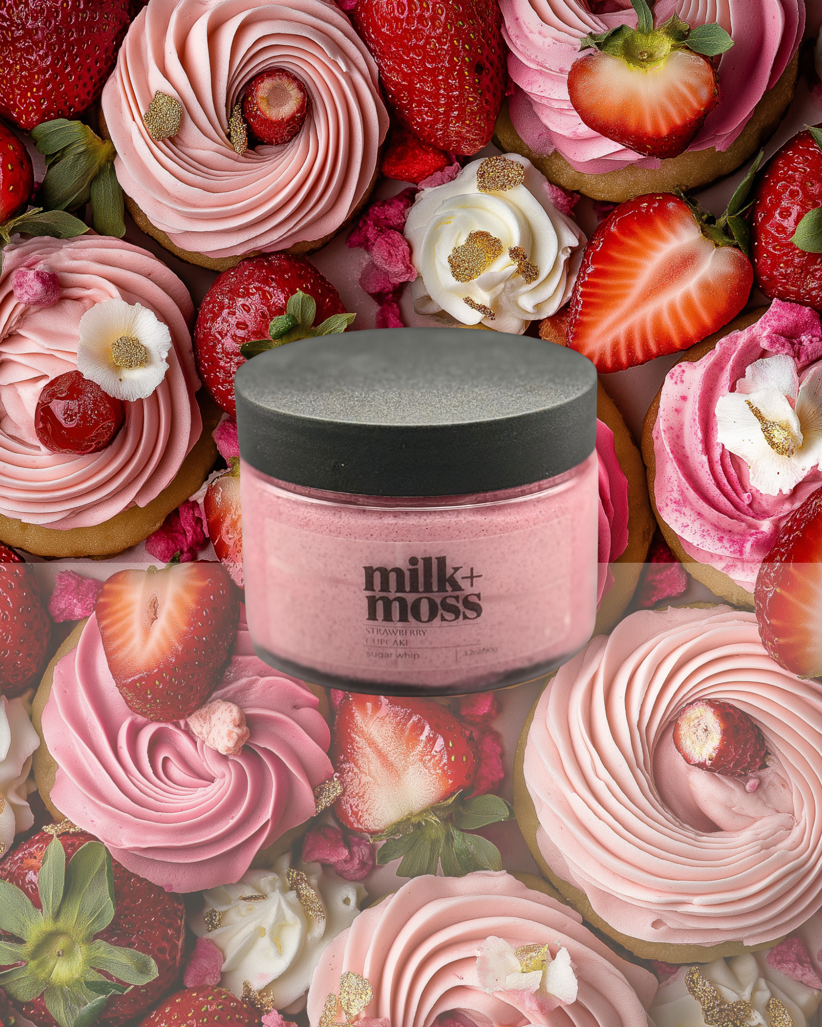 Jar of 'milk+moss' cream surrounded by pink cupcakes and strawberries