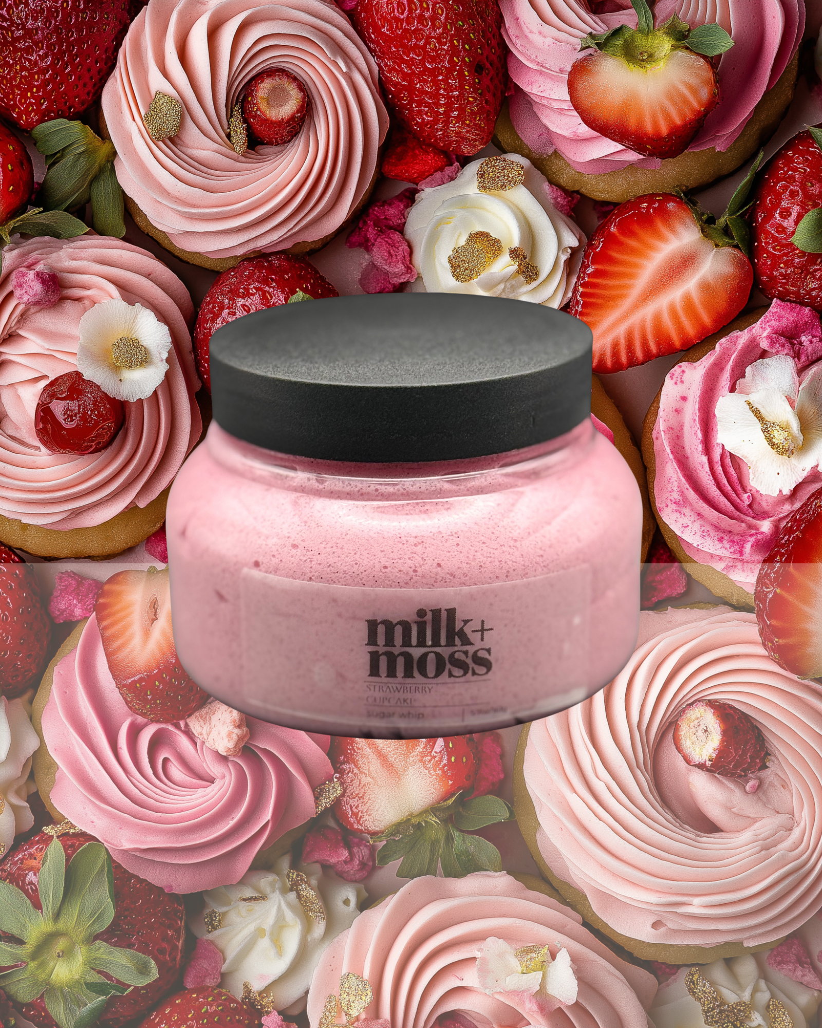 Pink jar with black lid on a background of pink cream cookies and strawberries