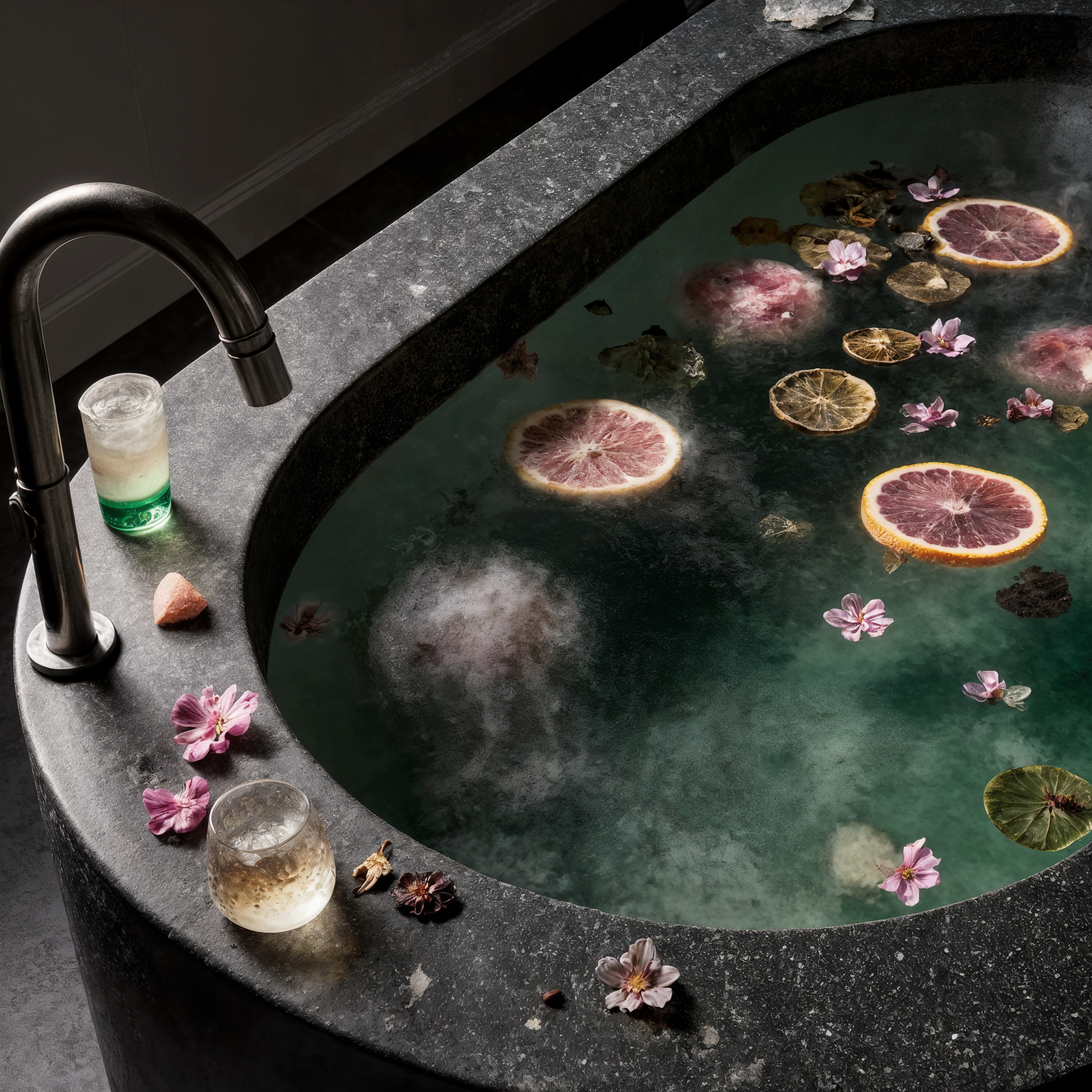 Bath tub with flowers and fruits floating in water, surrounded by a black faucet and glasses.