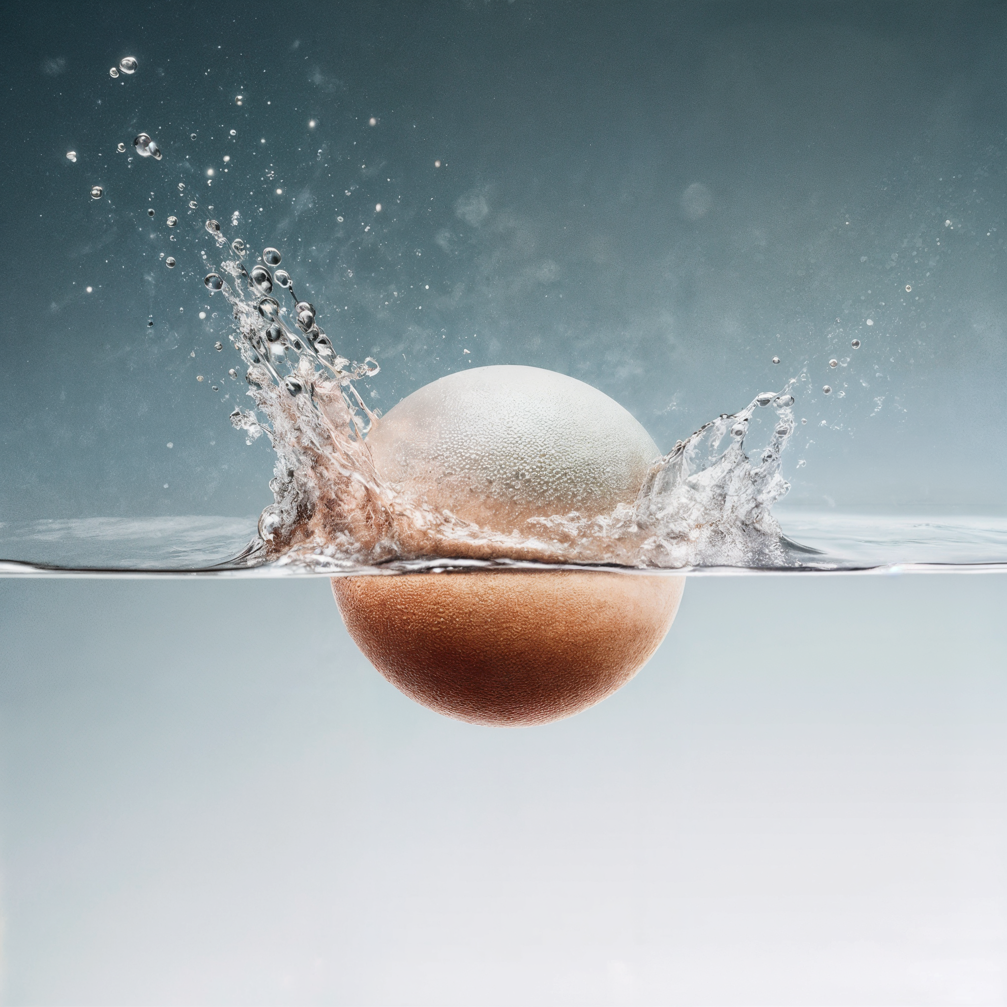 Egg splashing into water with a gray background