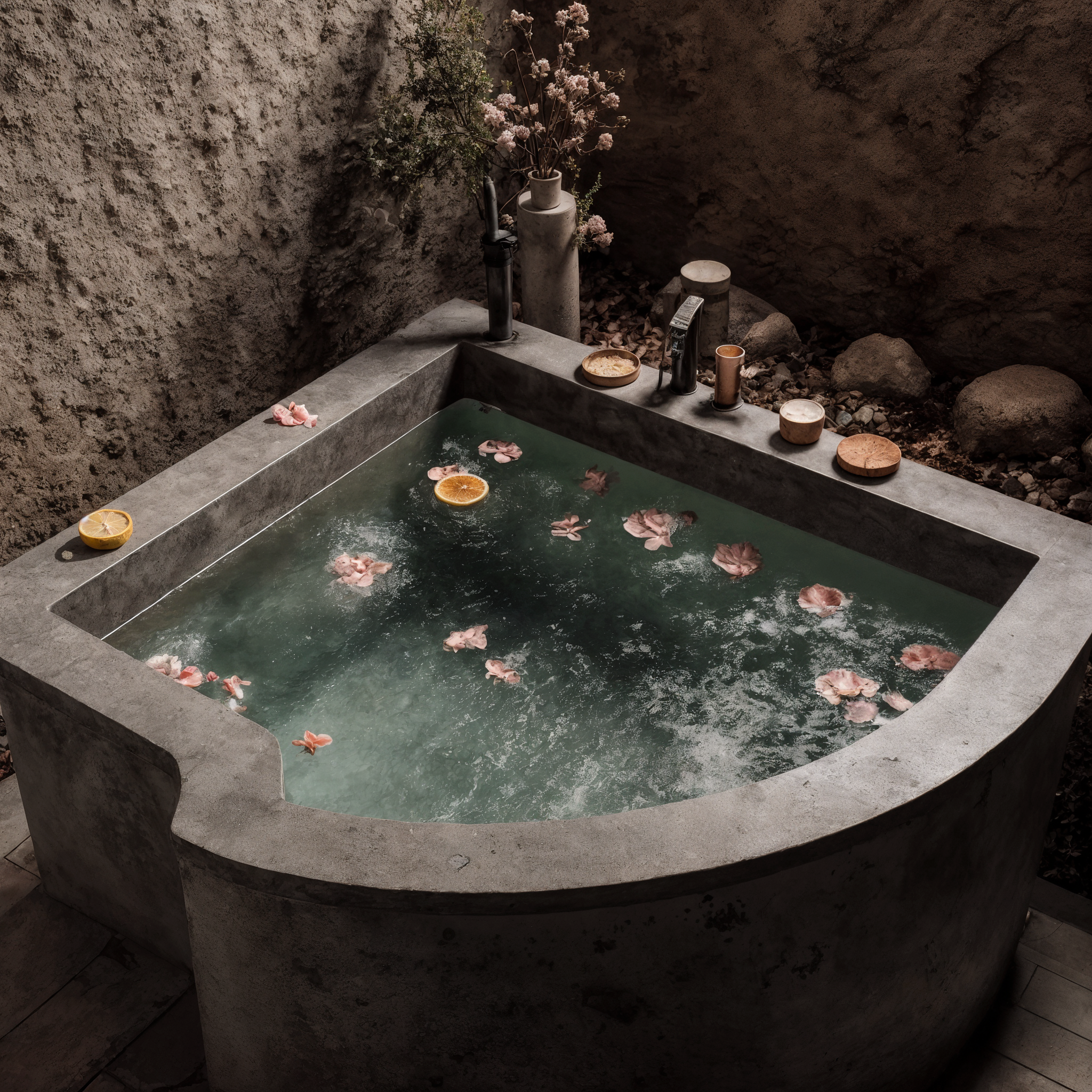 Stone hot tub with water, flowers, and candles in a natural setting.